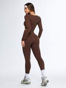 SHEIN Sports Women's Solid Color Scoop Neck Long Sleeve Top And High Waist Skinny Pants Activewear Set - Coffee Brown - View 2
