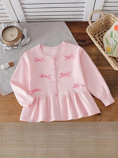 Young Girl Premium Pink Cardigan For Autumn Winter - Exquisite 3D Handmade Bowknot Decoration, Delicate Ruffled Hem Trim, Long-Sleeve Knit Construction, Loose Comfortable Fit, Soft Lazy Style, Cute Elegant Vibe, Easy To Match With Jeans /Tees/Base Layers,Ideal For Daily Cardigan Girl Cardigan For Sweaters For Button Pink Cardigans For Autumn And Winter Young Girl