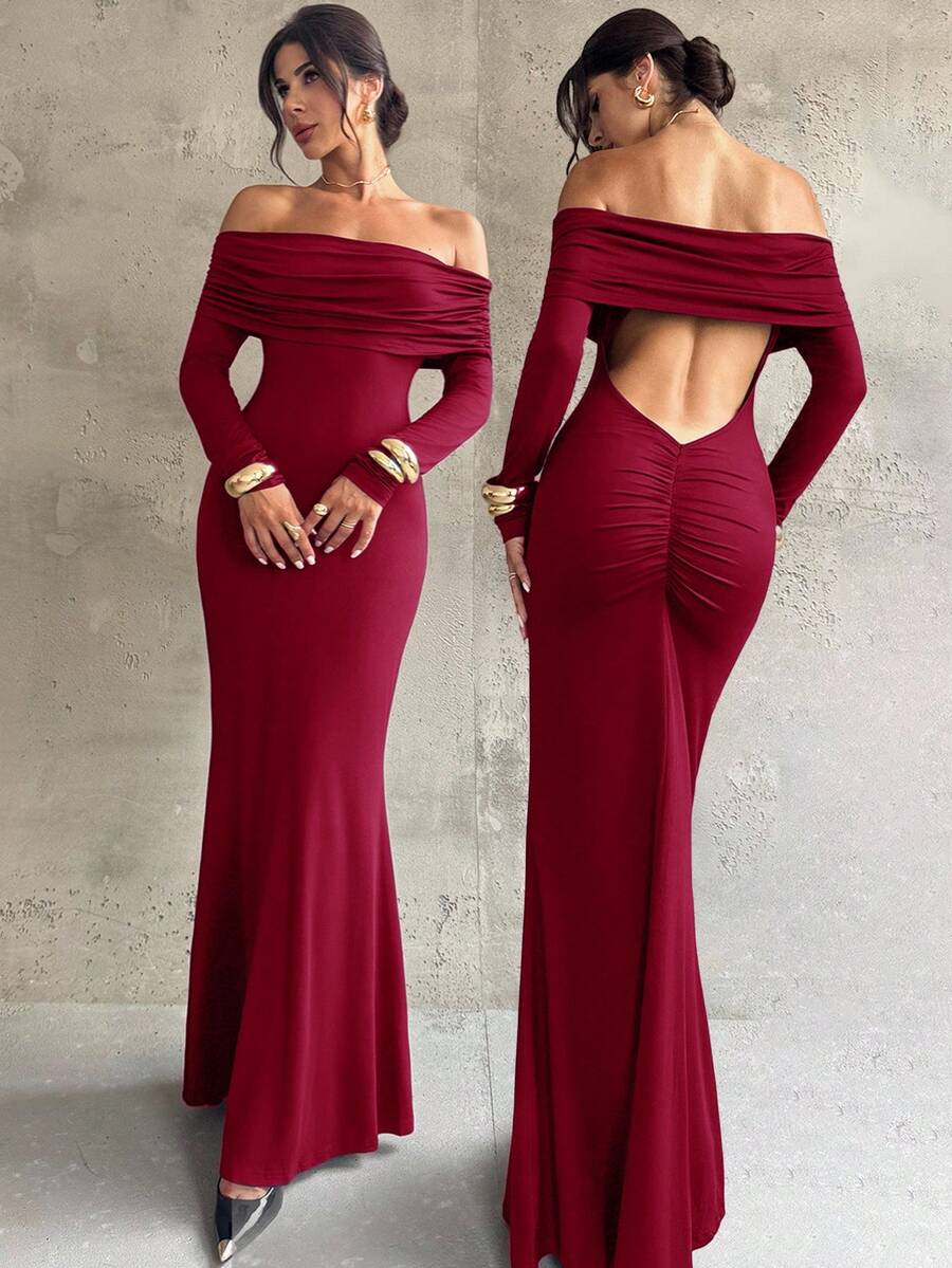 Firerie Abito lungo blu navy da donna con spalle scoperte, arricciato, schiena scoperta, aderente, a sirena, elegante, adatto per pendolarismo, sexy, vacanza, spiaggia, stile boho, Hawaii, festival musicale, romantico, appuntamento, festa, matrimonio, laurea, ballo, esibizione, concerto, lavoro, ritorno a scuola, abito per compleanno delle donne