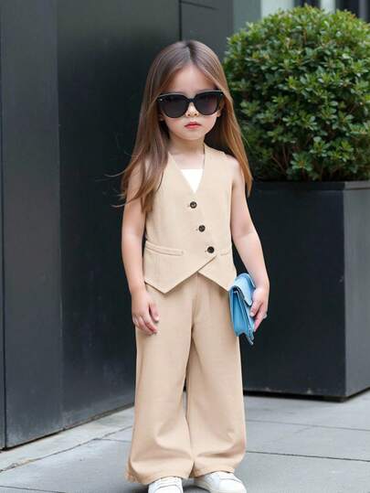 SHEIN Babygirl 都市优雅可爱简约杏色吊带背心和松紧腰宽松裤套装，夏季