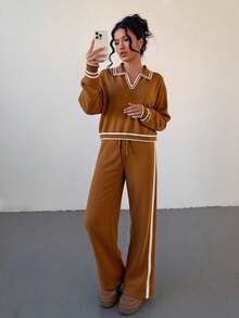 "Conjunto de Punto Vintage con Cuello Camisa - Estilo Retro con Detalles a Rayas Contraste, Ultra Cómodo y Versátil para Looks Casuales y Oficina" - Camel - Ver 2