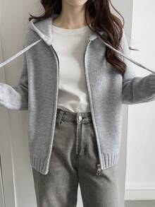 DAZY Cardigã feminino de cor sólida com mangas raglan, casual e confortável, com capuz, cordão e fecho de zíper. - Cinza - Ver 3