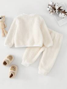 幼儿男童休闲米色毛绒熊口袋长袖长裤睡衣套装，冬季抓绒睡衣 - 彩色 - 查看 2