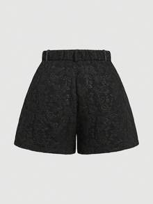 SHEIN MOD 大码女式宽松黑色提花褶裥短裤 - 黑色 - 查看 2