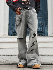 GALLERY FADE Men's Casual Distressed Pocket Flared Jeans - Grey - View 6