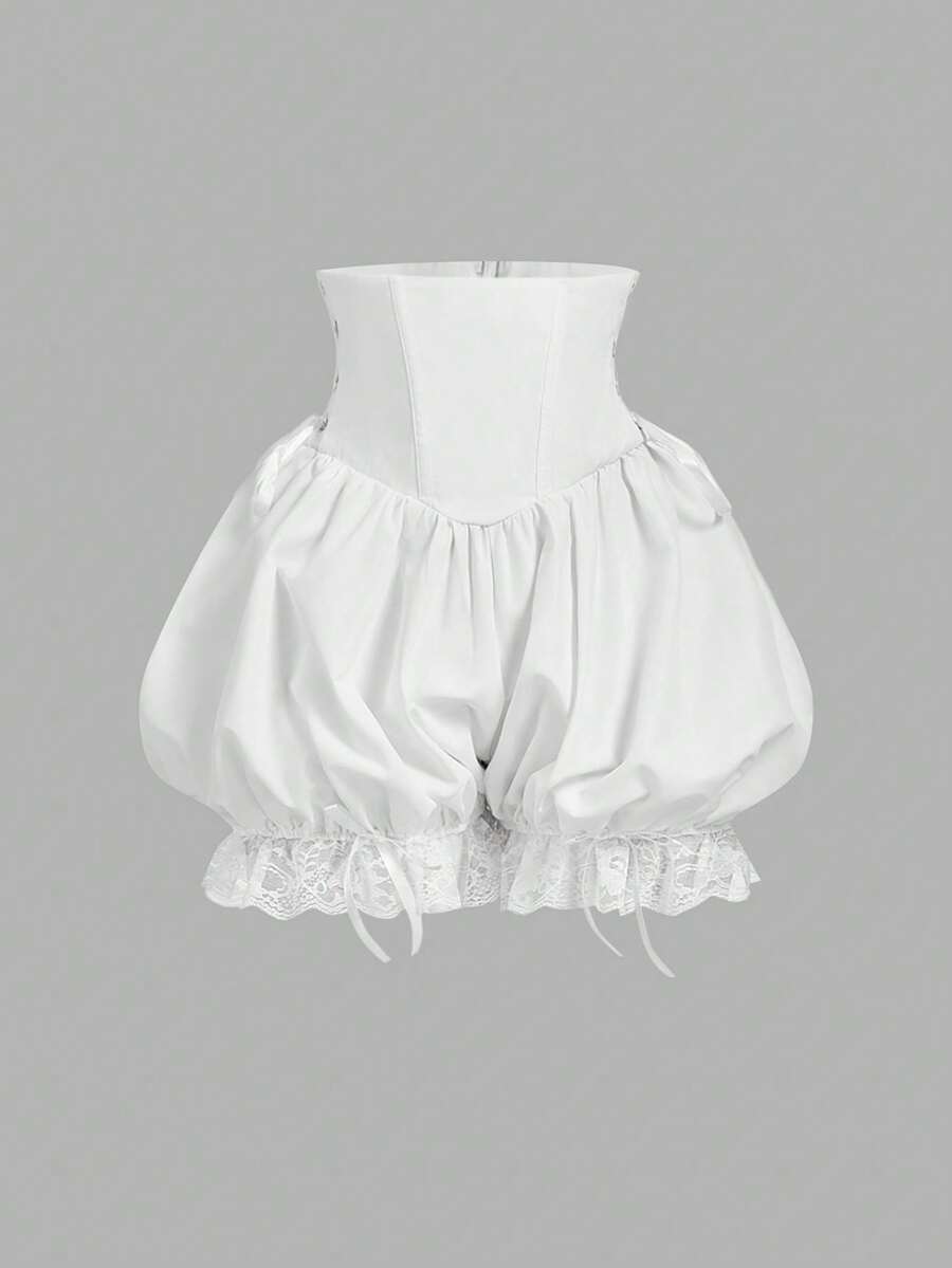 SHEIN MOD 黑色梦幻浪漫优雅泡泡短裤，蕾丝边饰和蝴蝶结点缀，腰部拼接设计，交叉绑带，适合约会、派对、度假、下午茶、生日装扮等场合。 - 白色 - 查看 1