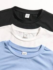 SHEIN Bộ 3 áo thun tay ngắn cổ tròn in họa tiết đơn giản, rộng rãi cho bé trai - Màu xanh lam - Xem 5