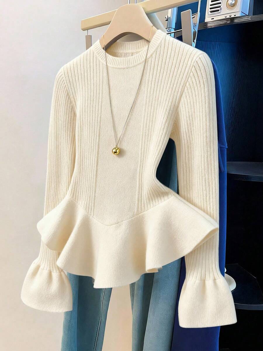 Franclia Casual Solid Color Ruffle Hem Sweater, Autumn/Winter - Apricot - View 1