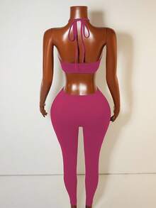 Mistrie Solid Color Halter Sleeveless Hollow Out Fashionable Fitted Jumpsuit - Hot Pink - View 2