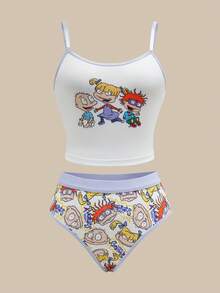 Nick 90s | SHEIN Conjunto de camiseta y pantalón corto con estampado de dibujos animados y ribete de contraste, cómodo para mujer - Morado - Ver 5