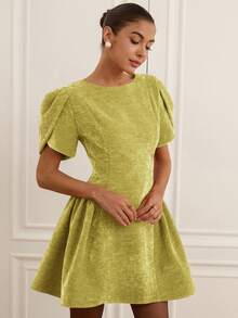Revavyn Tulip 3D Short Sleeve Round Neck Hem Split Puff Skirt Mini Princess Dress For Women - Yellow - View 3
