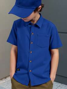 SHEIN Tween Boy's Casual Solid Color Pocket Front Button Short Sleeve Shirt, Summer