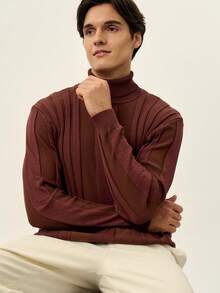 RONVEXI Suéter de punto casual con cuello alto y mangas raglán de unicolor para hombre - Café integral - Ver 3