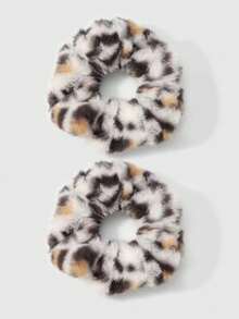 ROMWE Kawaii 2个/套 时尚复古豹纹蓬松发圈，韩版精致优雅，适合女性日常佩戴，节日礼物 发绳 马尾发圈 发圈 发绳 - 米白色-37 - 查看 5