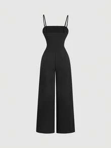 SHEIN MOD Women's Elegant Black Luxury Pearl Slim Fit Wide Leg Jumpsuit,Fall/Winter Women Jumpsuit,Going Out,Work Outfits, ,Homecoming, ,Wedding,Concert Women Outfit - Black - View 2