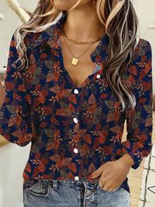 EMERY ROSE Women's Vintage Leaf Print Navy Blue Long Sleeve Shirt,Elegant Casual Summer Retro Vibe Comfortable Chic Office Work Commuting Street Style Top - Multicolor - View 5