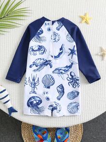 SHEIN Baby Boy/Girl Colorblock Cute Ocean Shell Print Long Sleeve Rash Guard Swimsuit, Suitable For Spring, Summer, Autumn, Winter Outdoor, Travel, Beach, Pool, Party, Surfing, Sun Protection - Navy Blue - View 2