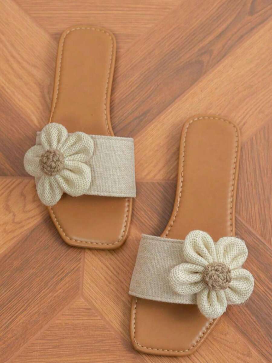 Zapatillas de fondo plano de flores beige para mujeres creatividad individual, sencillez, moda y comodidad de los pies zapatillas, Sandalias planas de mujer - Blanco - Ver 1