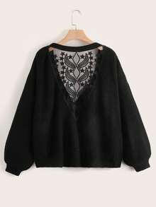 Linhara Plus Size Women Autumn/Winter Pentagram Mesh Patchwork Long Sleeve Knitted Cardigan - Black - View 2