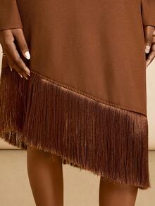 Lyxana Asymmetric Shoulder Long Sleeve Asymmetrical Fringe Hem Dress - Brown - View 7