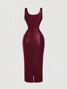 SHEIN MOD Plus Size PU Leather Women's Burgundy Brown Dress, Elegant Autumn Wedding Cocktail Birthday Winter Party Formal Evening Christmas Outfit - Burgundy - View 2