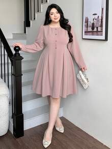 Dazy Plus Váy dài tay cổ bẻ màu trơn ngắn thanh lịch cỡ lớn, thích hợp mặc đi làm, mùa xuân/thu - Hồng - Xem 4