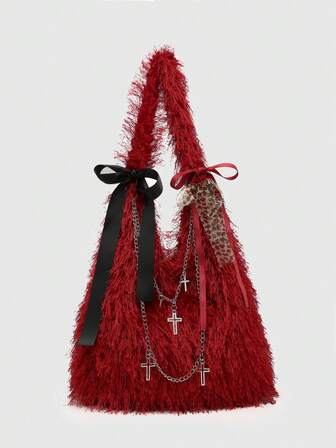 Kawaii Bolso de mano de gran capacidad con estilo vintage, decorado con volantes y lazo de red para vacaciones