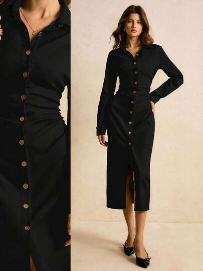 Poéselle 女士秋季长袖褶裥单排扣休闲牛仔衬衫裙 牛仔中长裙 长袖牛仔连衣裙 女士牛仔连衣裙 纽扣牛仔连衣裙 女士牛仔连衣裙 曲线牛仔连衣裙 冬季秋冬连衣裙 女士圣诞新年连衣裙 派对连衣裙 长款派对连衣裙 休闲长裙