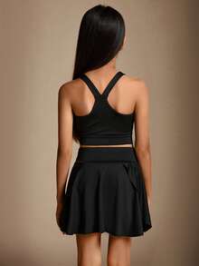 Radiana Tween Girl's Casual Tennis Knitted Solid Color Tank & Skort Set, Spring/Summer - Black - View 2