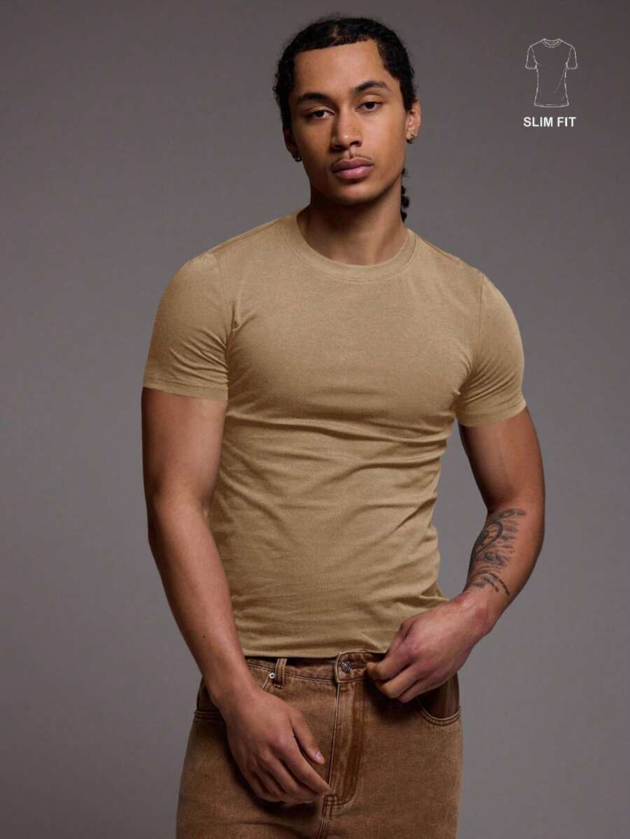 Musero 男士修身短袖T恤 秋冬基础胶囊衣橱 - 駝色 - 查看 1