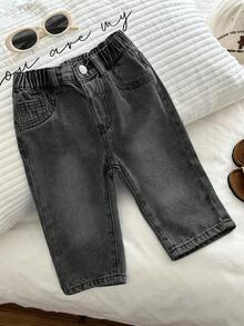 SHEIN Baby Boy Solid Color Elastic Waist Casual Versatile Jeans - Black - View 3