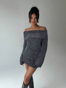 Aloruh Gaun Mini Lengan Panjang Kerah Tinggi Model Bahu Terbuka Warna Abu-abu, Atasan Longgar Bawahan Ketat, Cocok Untuk Wanita Muda, Musim Gugur/Musim Dingin - Dark Grey - View 8