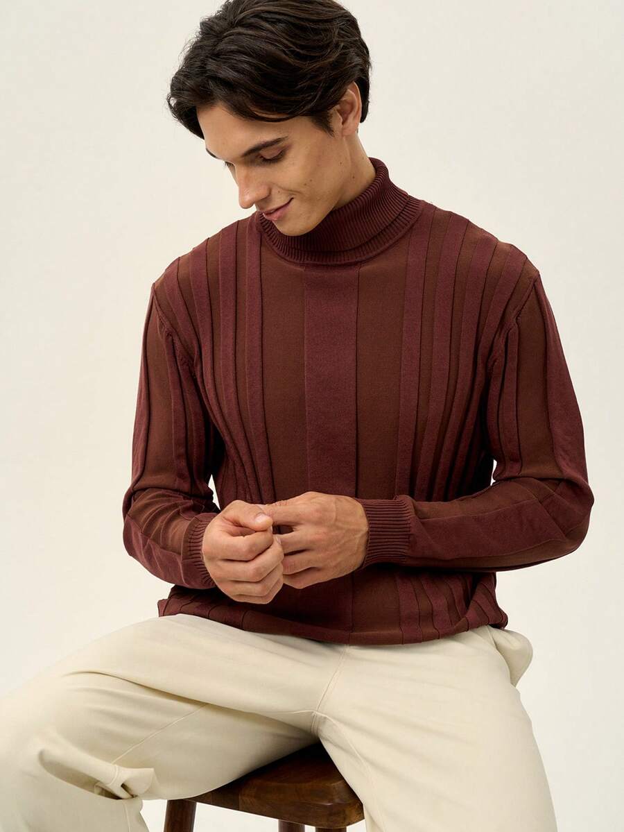 RONVEXI Suéter de punto casual con cuello alto y mangas raglán de unicolor para hombre - Café integral - Ver 1