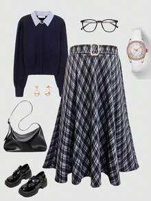 Franclia Plus Size Women's Elegant Plaid A-Line Midi Skirt, Casual Style For Autumn/Winter Plaid Skirt Plaid Skirt Women Checkered Skirt - Multicolor - View 3