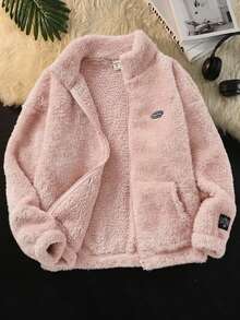 SHEIN 少女款纯色双面抓绒拼接领休闲外套