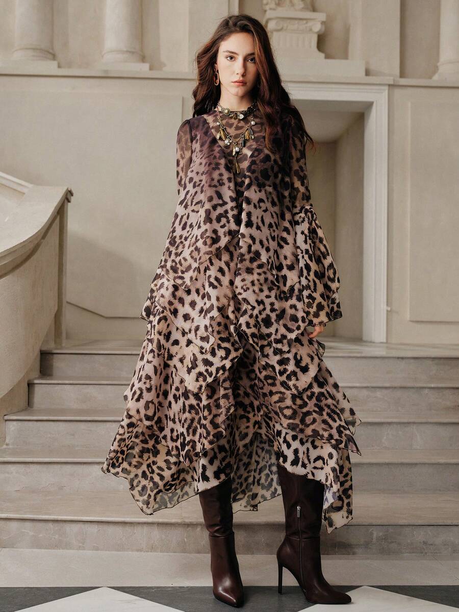 Anewsta Savoree 浪漫优雅豹纹荷叶边下摆春季层叠飘逸雪纺长袖连衣裙 - 彩色 - 查看 1