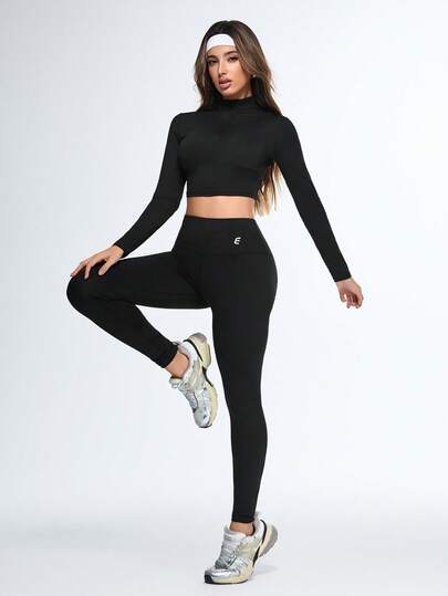 Eassivo Eassivo Women's Black Workout Set,Long Sleeve Crop Top & High Waist Scrunch Leggings, Stretch Seamless Fitness Two Piece Outfit, Yoga Gym Sportswear, Slim Fit Athletic Activewear, 2 Piece Active Wear, Yoga Two Piece Set, Active Two Piece Set