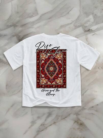 StoneGrade Vintage Persian Carpet English Letter Print Casual Loose Fit Short Sleeve T-Shirt For Men, Fashionable Streetwear Suitable For Dates, Parties, Couples, Family Matching, Great Gift For Boyfriend