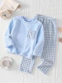 男童格子抓绒长袖上衣和裤子两件套休闲舒适睡衣套装 - 藍色 - 查看 3