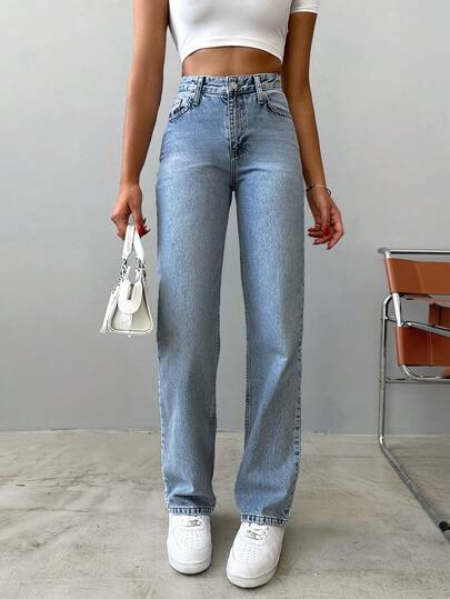 SHEIN Women's Jeans High Rise 100% Cotton Washed Straight Leg Jeans Plus Size Cowgirl Outfit 2000s Style