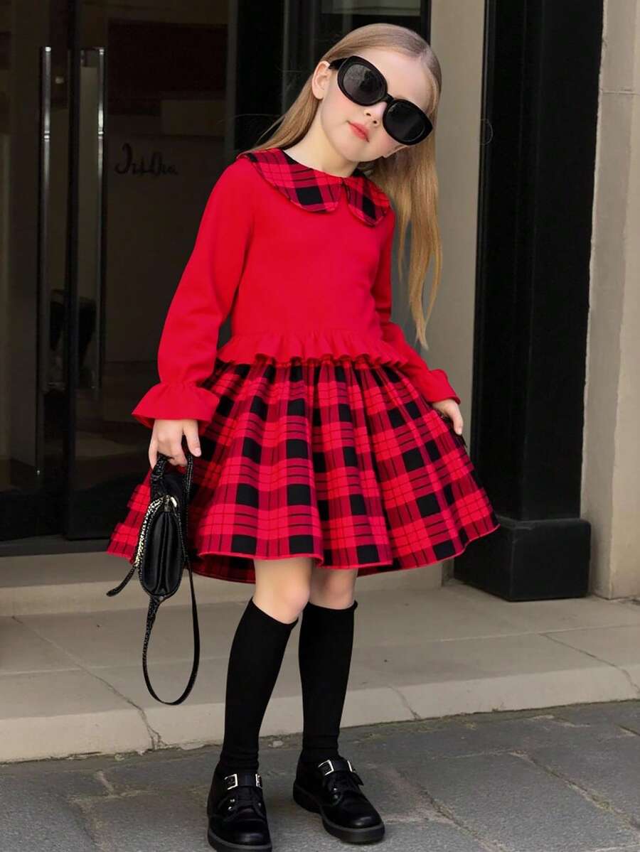 Elladie kids Robe à manches longues à carreaux rouges de style français élégant avec col claudine, ambiance élégante, convient pour le printemps et l'automne - Rouge - Voir 1
