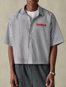 SWAVVY Áo sơ mi nam tay ngắn, đơn hàng khuy, in khẩu hiệu, sọc - Đen và trắng - Xem 2