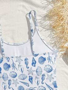 SHEIN 少女连体泳衣，蓝色贝壳图案，搭配网纱裙，时尚、优雅、青春、活力四射、可爱又充满活力，适合游泳、度假、海滩、泳池、拍照等场合，是夏季礼物的理想之选。 - 藍色 - 查看 6