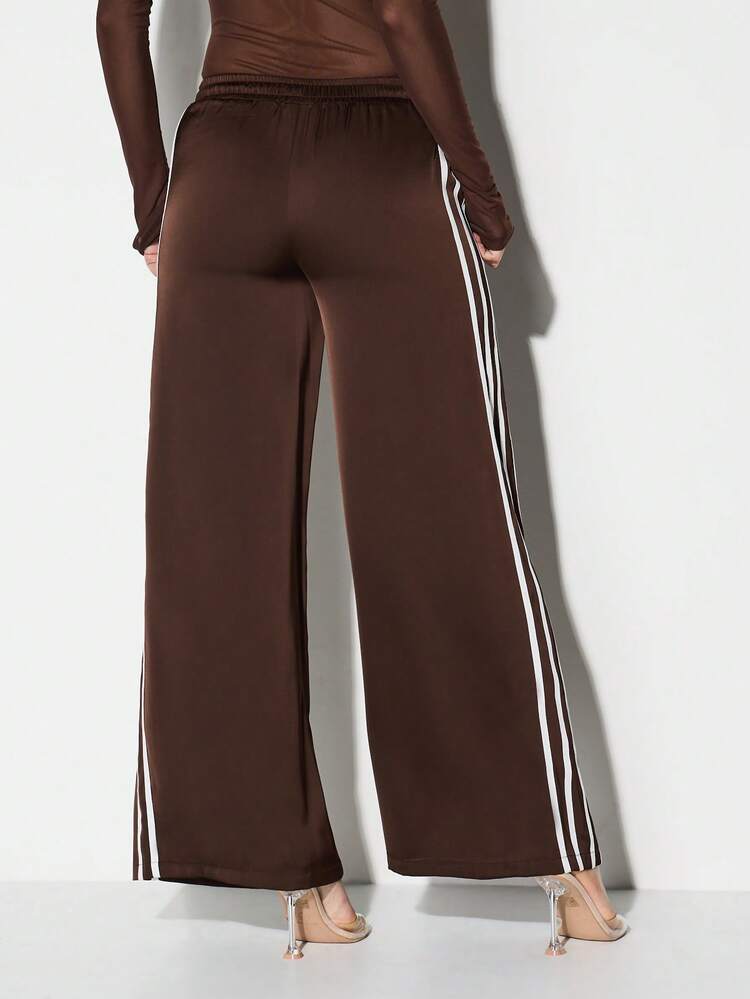 KIZN Pantalon de jogging en satin pour femmes avec détails de rayures latérales, taille haute, jambes larges, pantalon palazzo