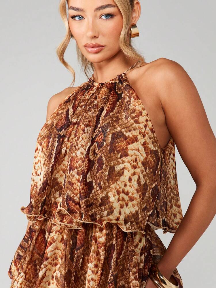 MISSGUIDED Halter Neck Tiered Ruffle Snake Print Chiffon Mini Dress With Chain Detail Fall Winter Party