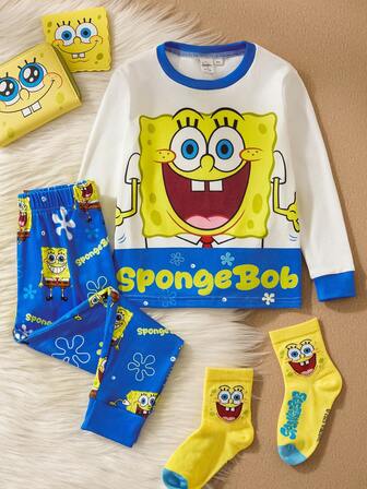 SpongeBob SquarePants | SHEIN Set de 2 piezas de pijama de ajuste ceñido con parte superior de manga larga de cuello redondo y pantalones con estampado de dibujos animados para niño pequeño y ribete de contraste