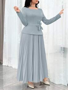 Feyla 女士优雅派对3D立体花卉装饰褶皱下摆连衣裙 - 淺藍色 - 查看 6