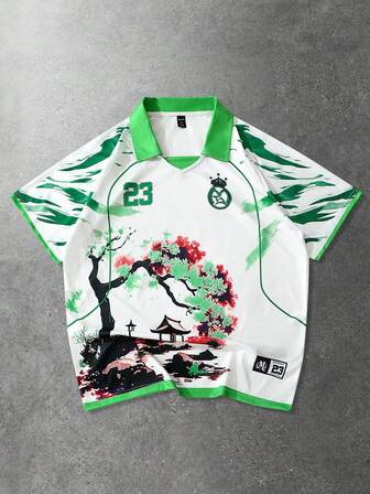 Anime Polo para hombre, camisa polo de manga corta con estampado gráfico casual deportivo de Sakura y texto en inglés