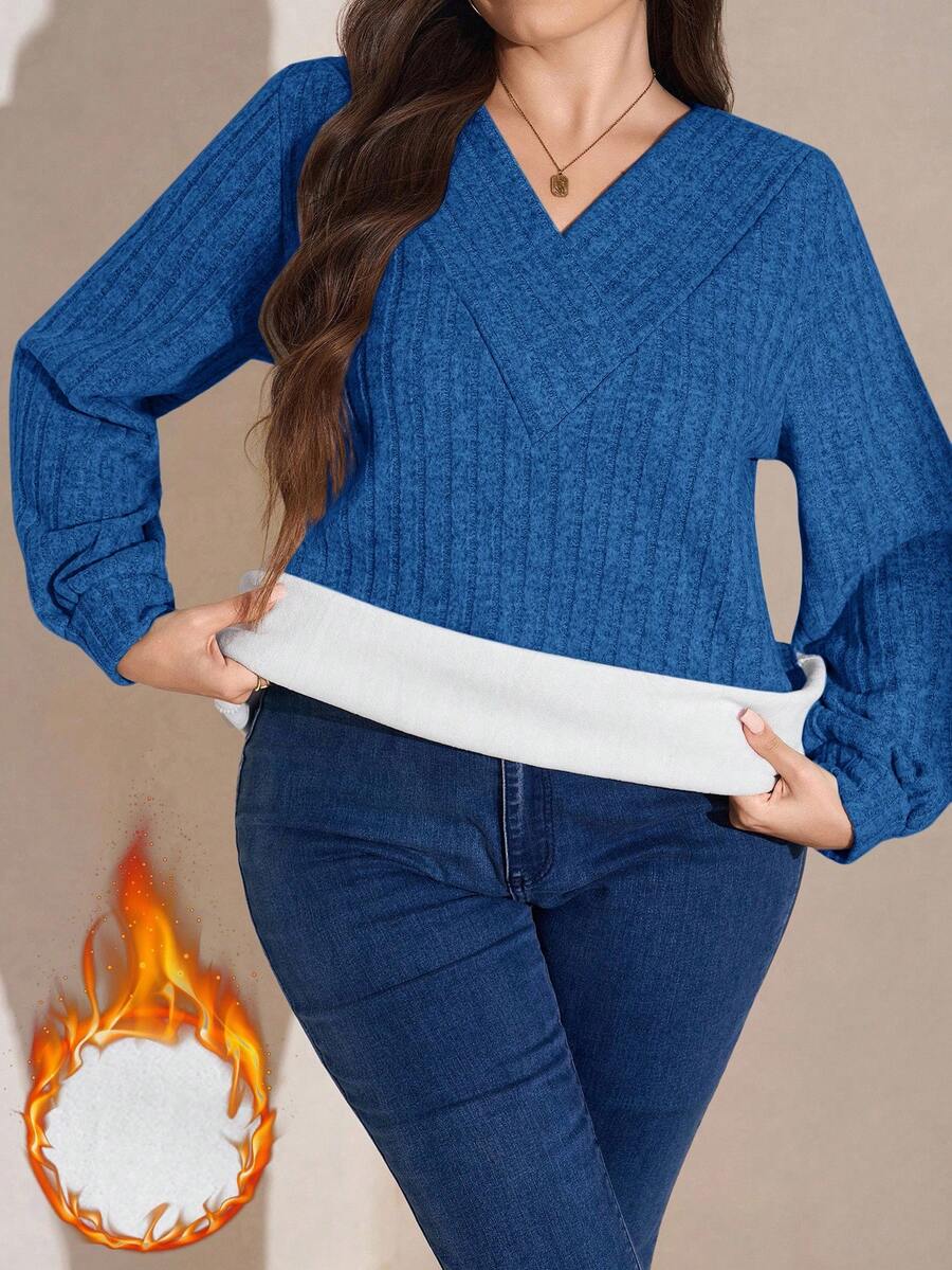 SHEIN LUNE 大码女式保暖内衬T恤，适合秋冬季节穿着，长袖，宝蓝色上衣 - 藍色 - 查看 1