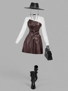 SHEIN MOD Sukienka damska z długim rękawem PU w dużych rozmiarach, z kolorowym blokiem kolorów, krótka, z falbanką, czarno-biała, sukienka damska, sukienka ze sztucznej skóry, sukienka z kołnierzykiem, ubrania na Halloween, gotyckie, 2 w 1, z długim rękawem - Brązowy - Zobacz 6